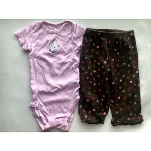 Girl's Size 9M 6-9 Months Two Piece Carter's Pink Kitten & Brown Polka Dot Pants